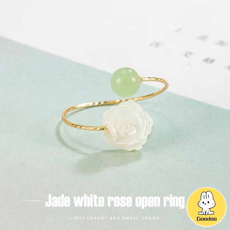 Cincin Wanita Pembuka Bunga Mawar Putih Giok  Kemewahan Cahaya Cincin Desain Niche -Doo