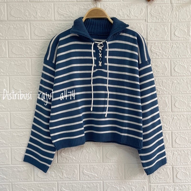 CINDY ATASAN RAJUT STRIPE MOTIF TALI LENGAN PANJANG WANITA