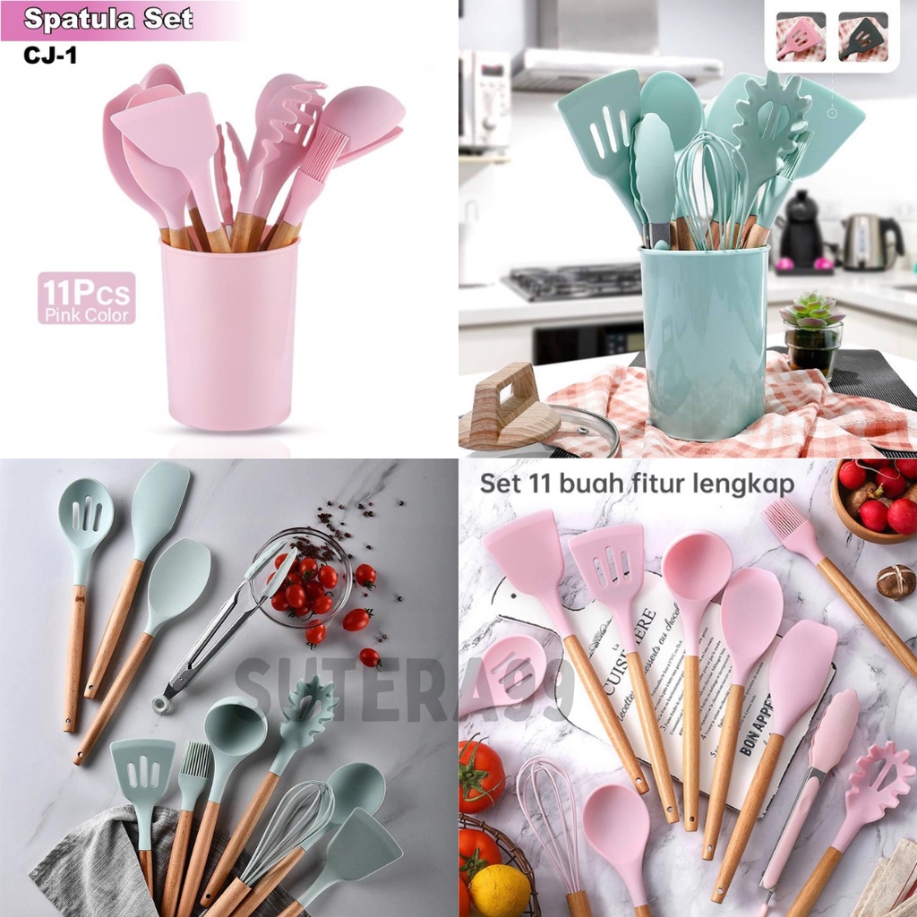 PRODUK BARU CJ-1 Sutil Silicone Set 12IN1 Kitchen Utensil Set Sodet Spatula Silikon Tahan Panas Gagang Kayu
