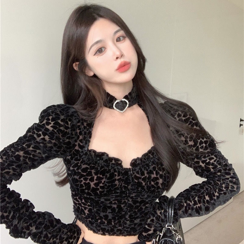 ✇۞Suhao industri berat suka berkelompok double-layer self-budidaya seksi shirring puff lengan tinggi pinggang atas lengan panjang T-shirt wanita musim semi baru