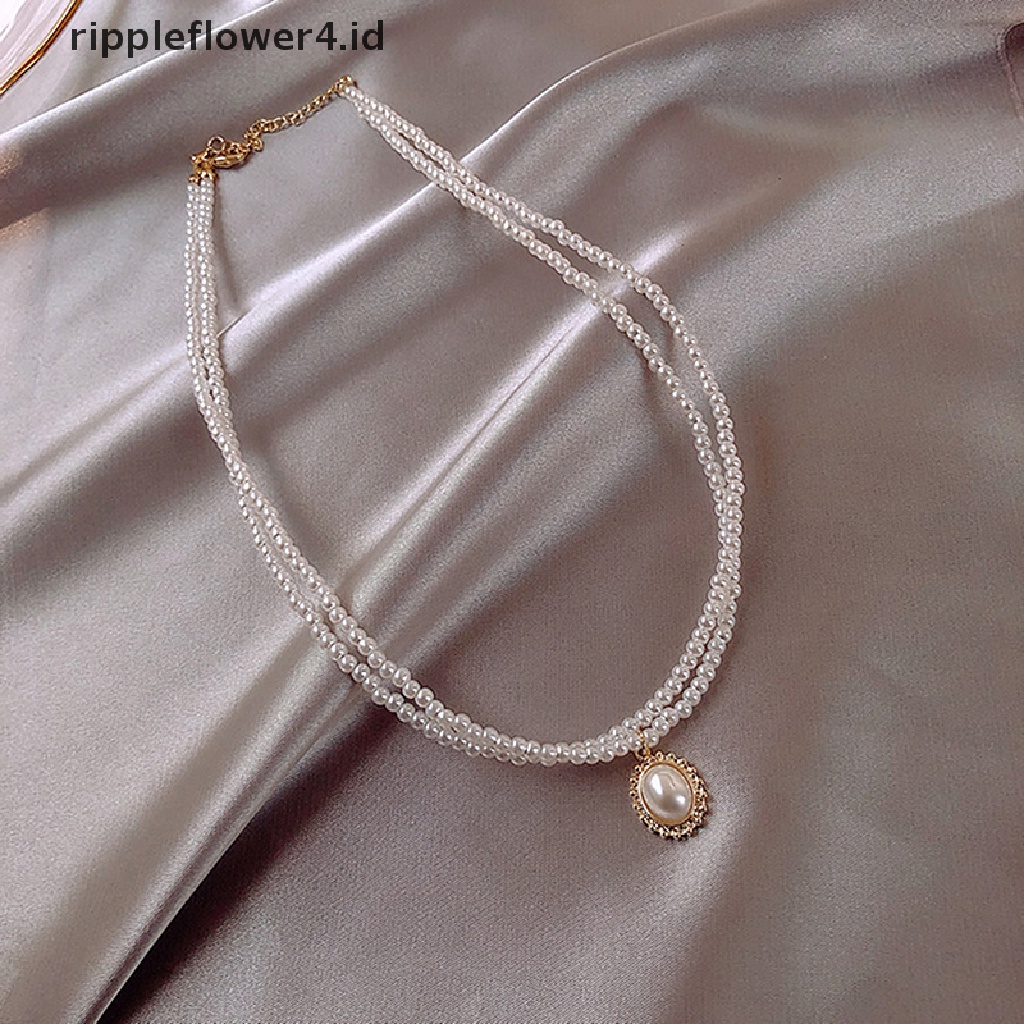 {rippleflower4.id} Kalung Liontin Kerah Mutiara Double Layer Elegan Perhiasan Wanita Choker~