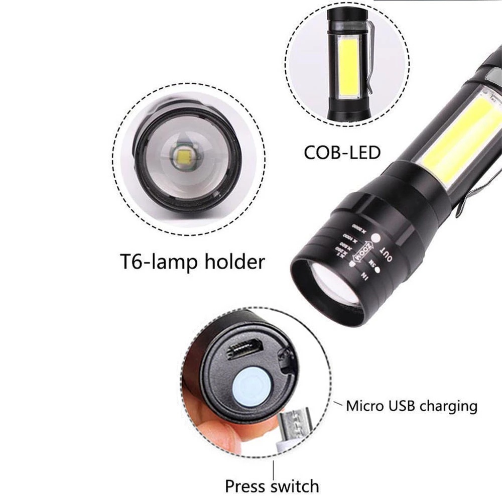 Hot Sale/3Mode Tahan Air Emergency Torch Kecil Portabel Jarak Jauh Torch Dengan Klip Mini USB Rechargeable Senter LED Tahan Lama Berkemah Luar Ruangan COB Zoom Cahaya