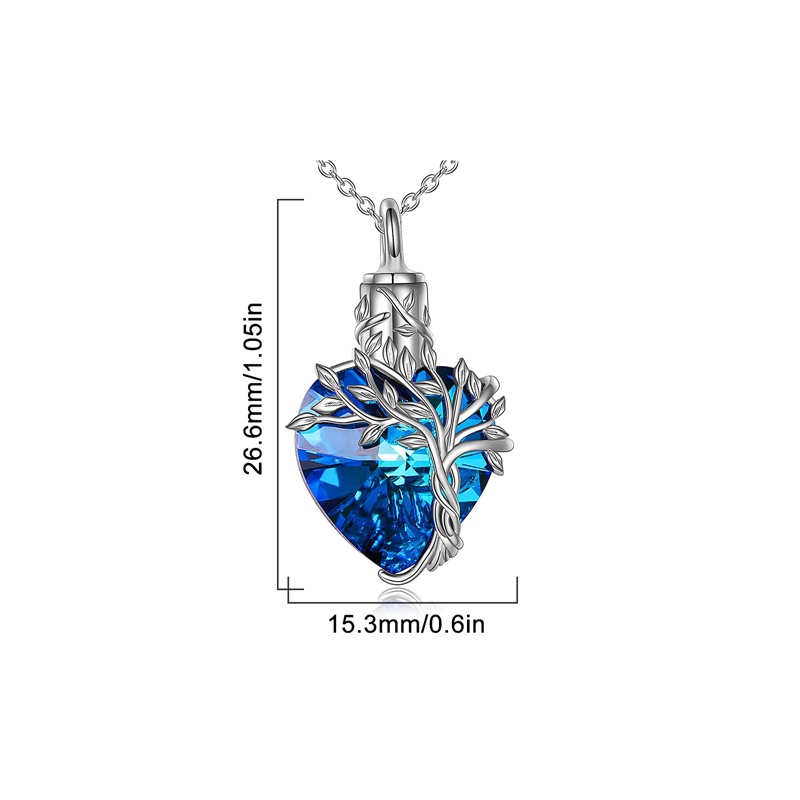 Perhiasan Cremasi Hati Sterling Silver Dengan Kristal Biru Pohon Kehidupan Guci Kalung