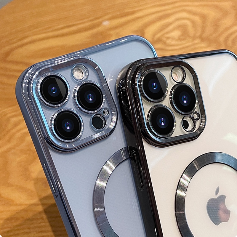 IPHONE Mewah Plating Bening Logo Lubang Shockproof Phone Case Untuk Iphone11 12 13 14 Pro Max Mini XR X XS 78 Plus Cover Perlindungan Lensa