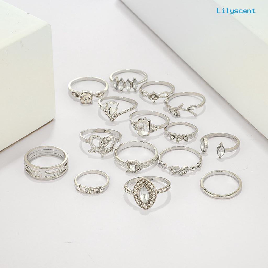 [LS] 15pcs/set Cincin Fashion Kerajinan Tangan Geometris Hati Kristal Imitasi Perhiasan Ring Untuk Pesta