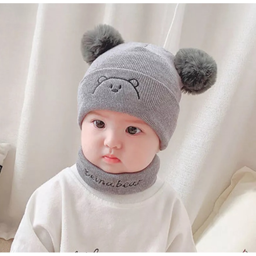 Topi Kupluk Anak POM POM BEAR / Topi bayi Rajut Pom bear / topi rajut anak