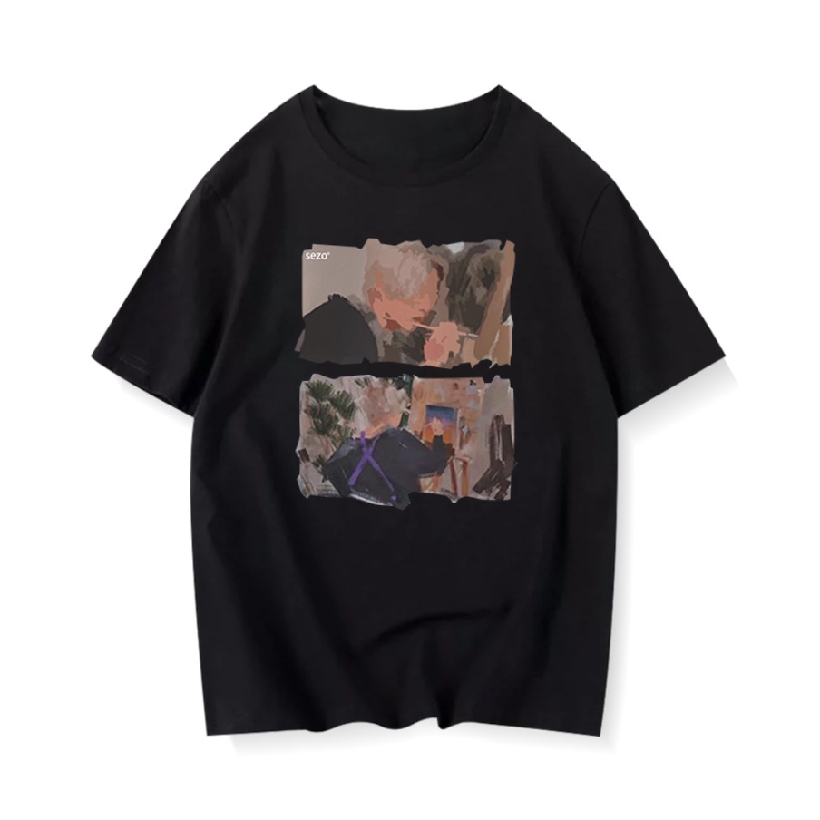 [100%  Katun]baju kaos wanita lengan pendek vintage oversize pattern printed T-shirt import kekinian kaos cream