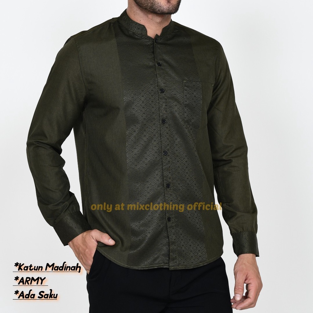 Timofey Koko Muslim Pria Lengan Panjang Slim Fit Premium Hem Lebaran Hijau Army