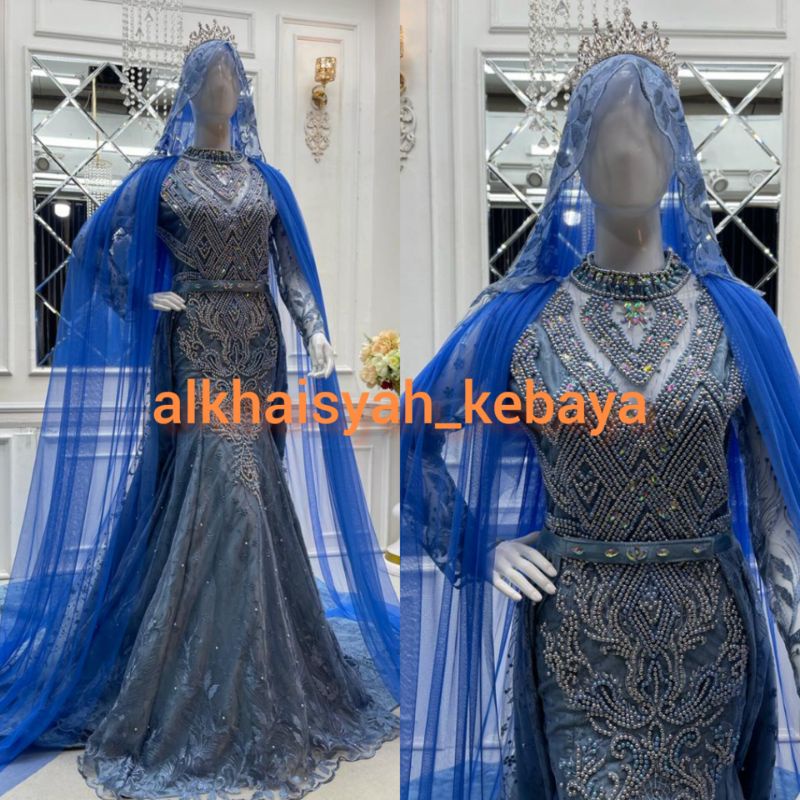 Gaun pengantin duyung full mutiara ekor lepas pasang