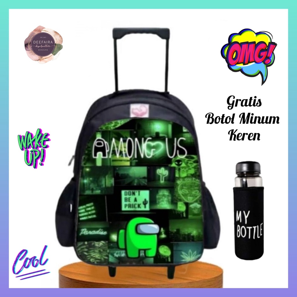 Tas Ransel Troli Anak Laki Laki Motif 4M0ngGreenUs Gratis Botol Minum Keren Untuk Tk &amp; Sd