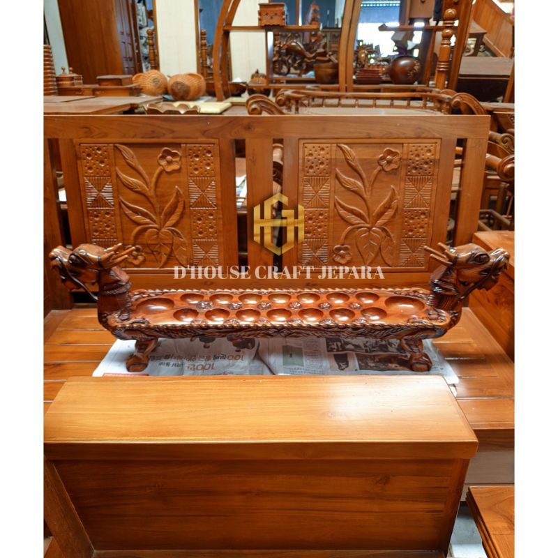 Dakon Congklak Model Ukir Naga Kayu Jati Panjang 95cm