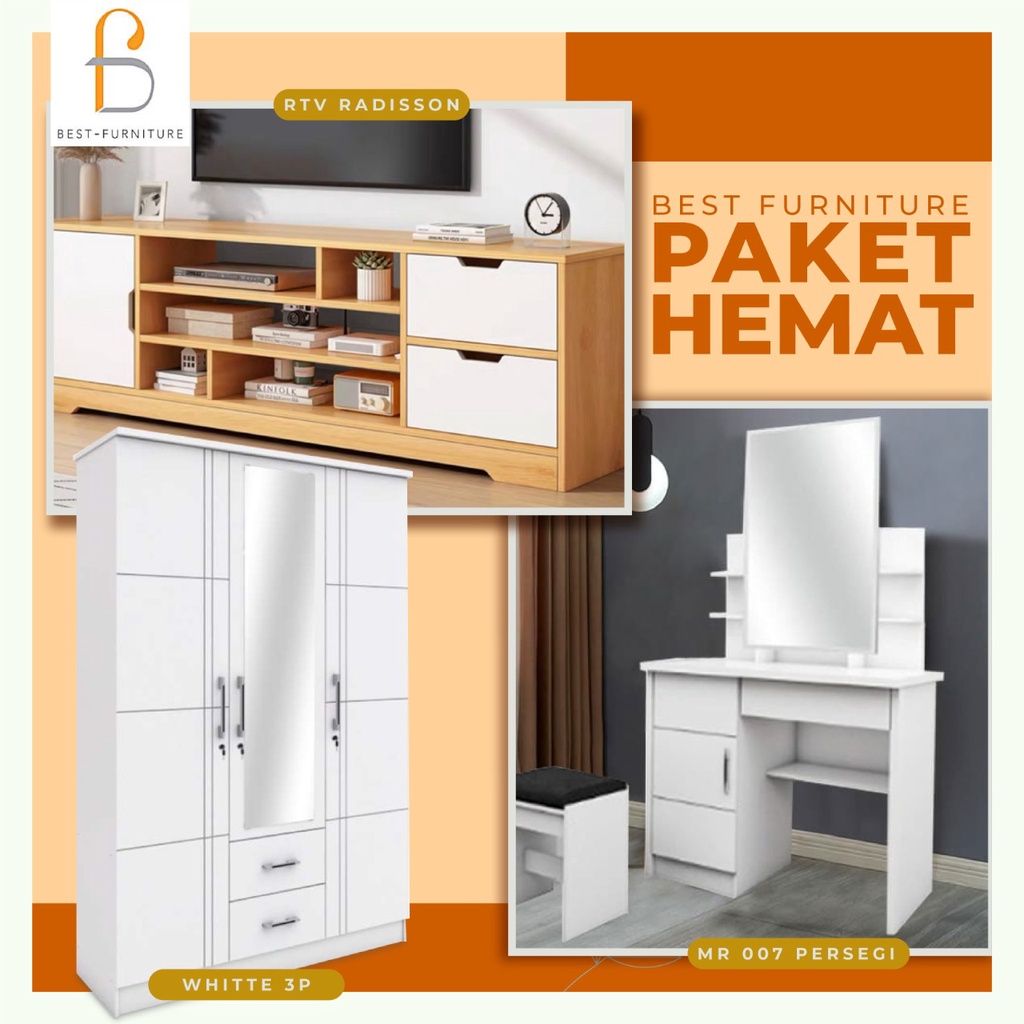 Best Paket Hemat Furniture Kamar Lemari Pakaian Putih Meja Rias Meja TV Bluebird Only