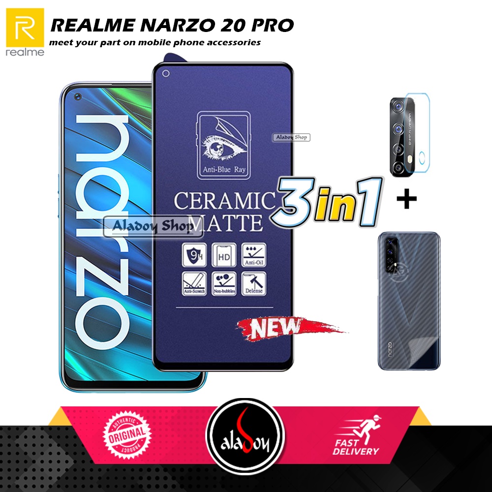 PAKET 3IN1 Anti Gores Blue Matte Anti Glare Realme Narzo 20 Pro + Tempered Glass Camera dan Skin Carbon