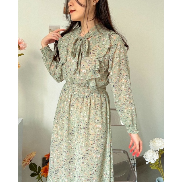 KANON - Kazahana Floral Dress (ada furing) - Dress midi motif bunga vintage korean look