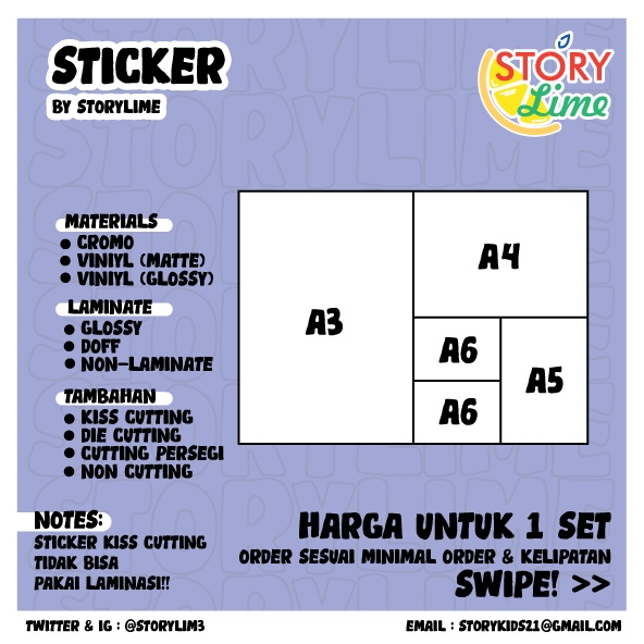 (HARGA PER SET) Sticker Custom ukuran A3, A4, A5, A6 (Sticker Label, sticker cutting, sticker deco, kpop, jpop, dll) By. STORY.LIME