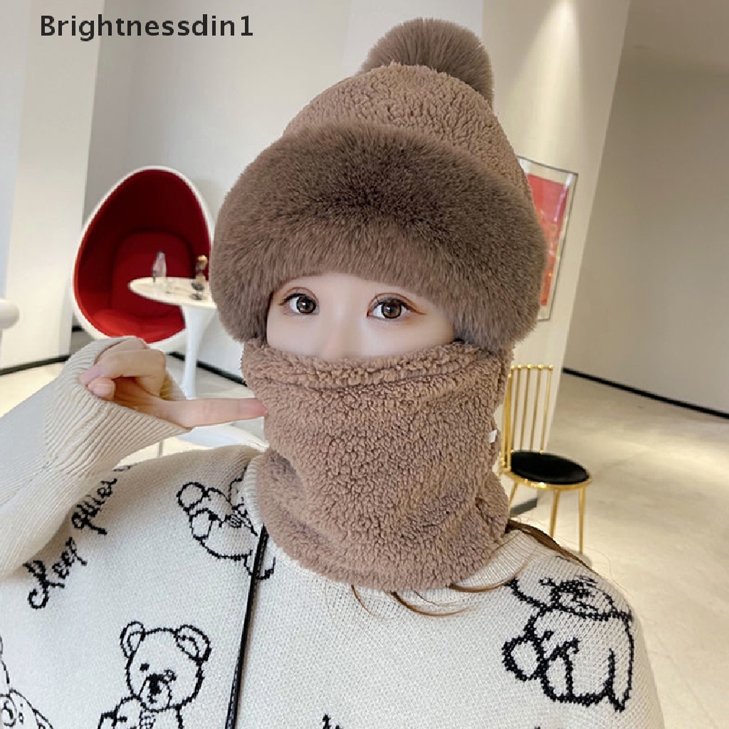 [Brightnessdin1] Winter Beanie Scarf Set Kerudung Untuk Wanita Bulu Cashmere Leher Hangat Rusia Outdoor Ski Topi Anti Angin Tebal Mewah Berbulu Kupluk Butik