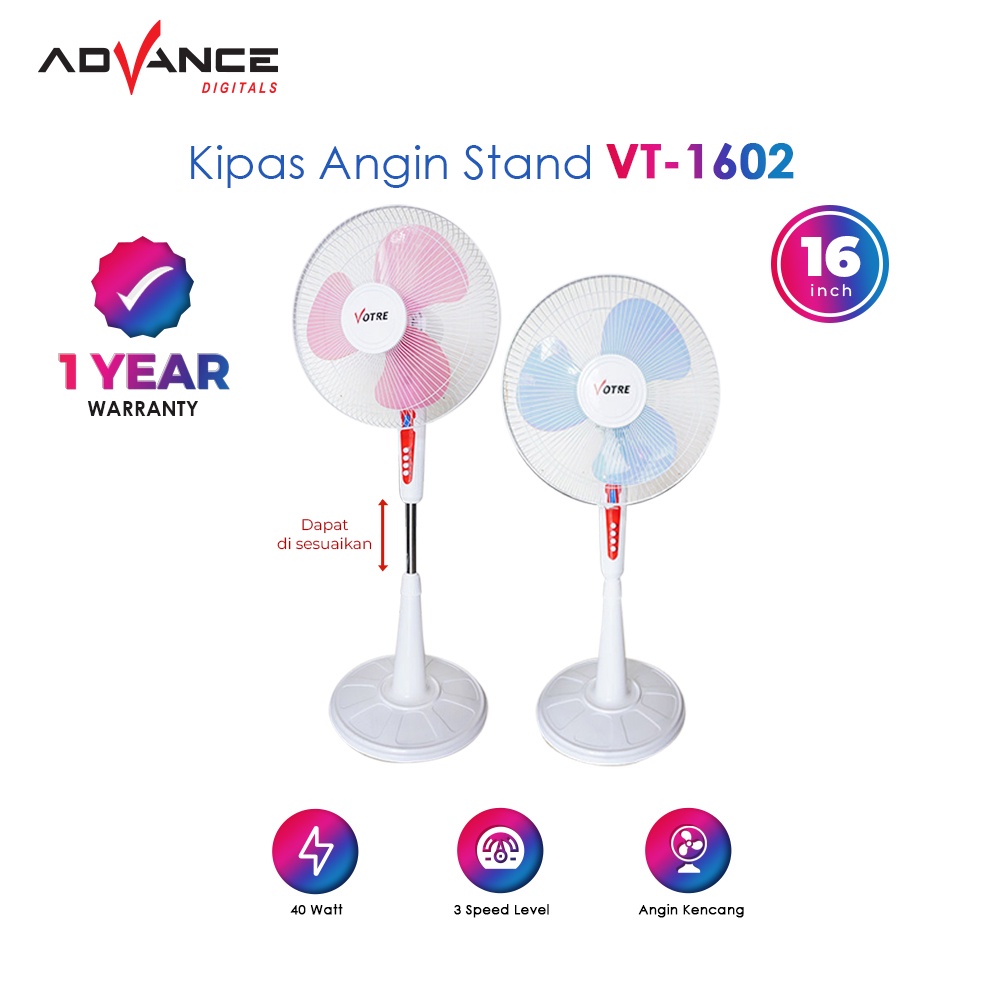 Kipas Angin VOTRE VT-1602 Stand Fan Kipas Angin berdiri 16 inch Tombol Tiga pengatur kecepatan