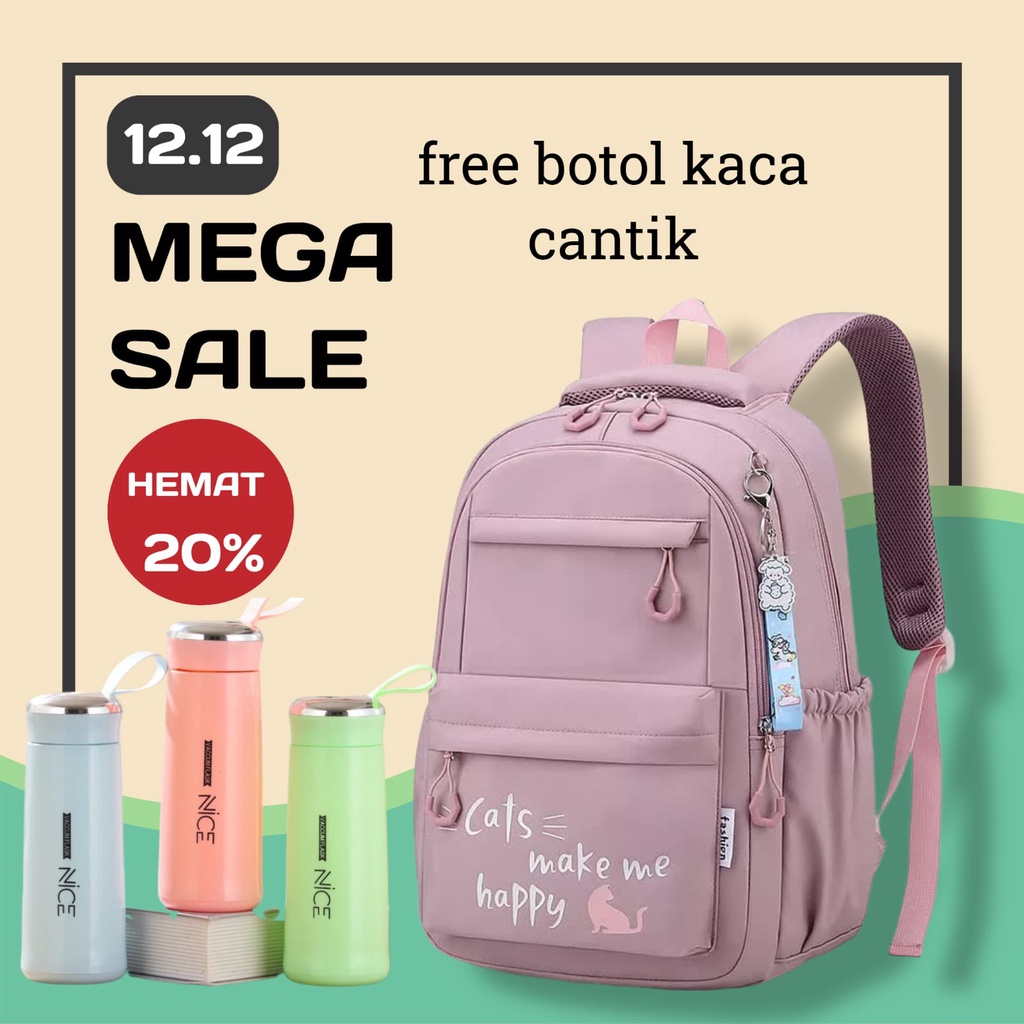 Tas Sekolah Anak Perempuan SD SMP SMA Ransel Kerja ORIGINAL Tas Sekolah Anak Laki-Laki Free Botol Minum Kaca