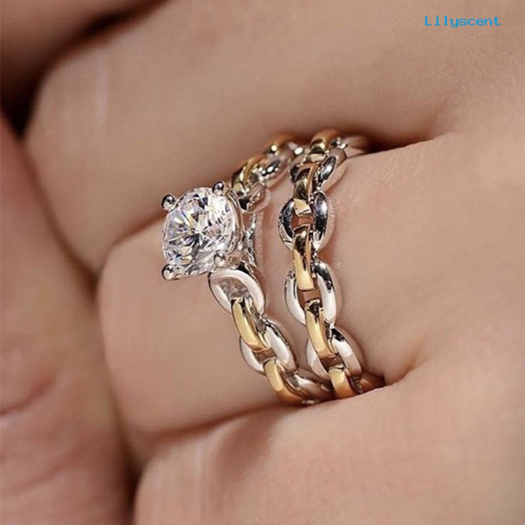 [LS]2Pcs /Set Rantai Permukaan Halus Pernikahan Band Alloy Two-tone Berlian Imitasi Wanita Rings Charm Jewelry