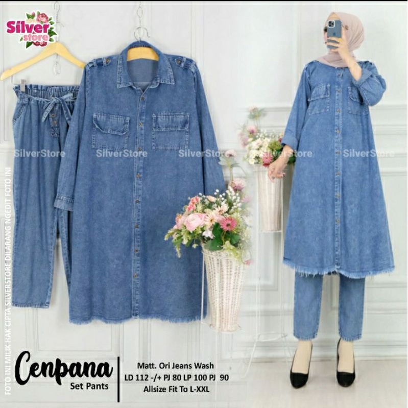 Setelan Wanita One Set Long Tunik dan Celana Bahan Jeans Wash Muat sampai Size XXL Harga Murah dan B