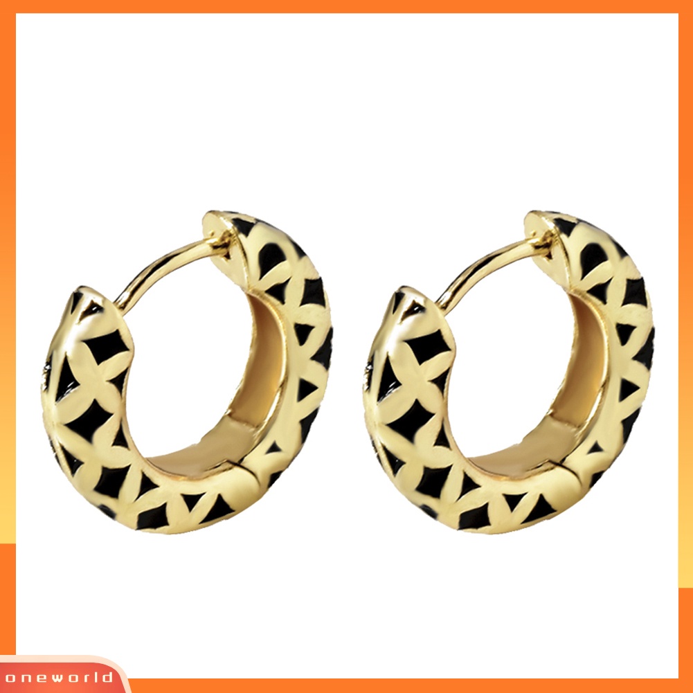 [WONE] 1pc Ukir Pola Geometris Blok Warna Enamel Huggie Anting Wanita Perhiasan