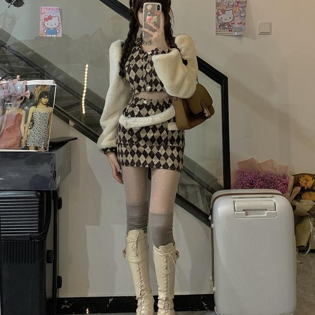 Suhao one-piece suit coklat retro kotak-kotak babes setelan wanita musim gugur dan musim dingin Amerika fashion asing gaya rok jaket two-piece set