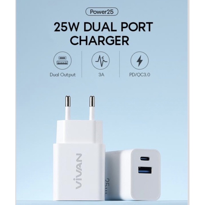 (VIVAN-25W) POWER ADAPTER CHARGER DUAL PORT USB A DAN USB C PD FAST CHARGING QC3.0 25 WATT S20/S21 FE/A33/A53/A72/M52/XR/11/12/13/PRO MAX