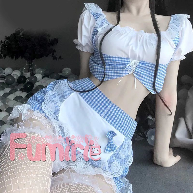 【Fumirie】 Set Maid Blue Pattern Sexy Lingerie Cosplay Pelayan Pembantu