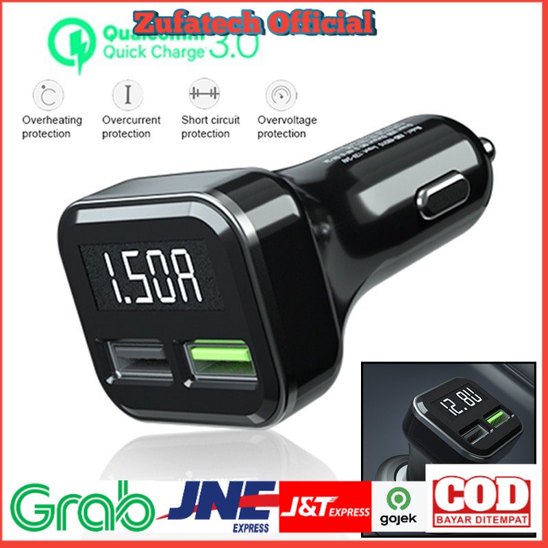 YPAY Car Charger Smartphone 2 Port 3.1A QC3.0 LCD Display - Black