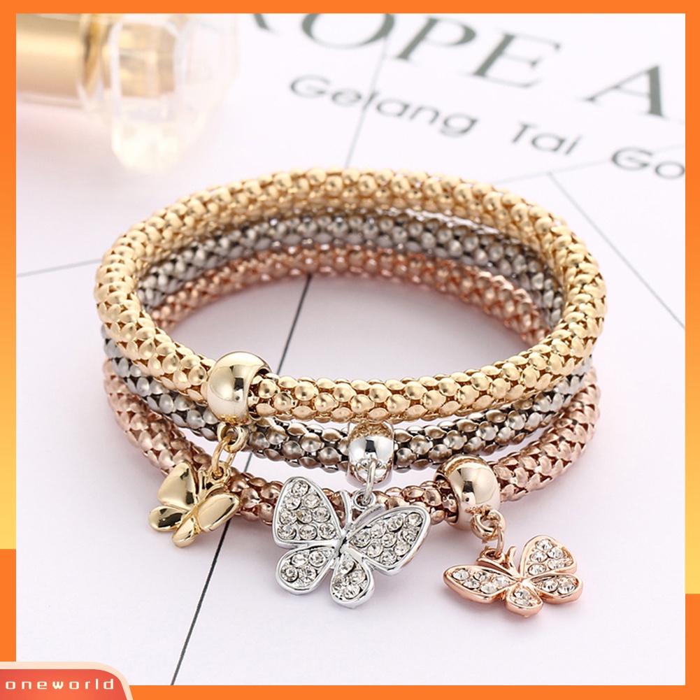 [WONE] 3pcs/set Paduan Berlian Imitasi Kupu-Kupu Liontin Wanita Gelang Pesona Perhiasan Hadiah