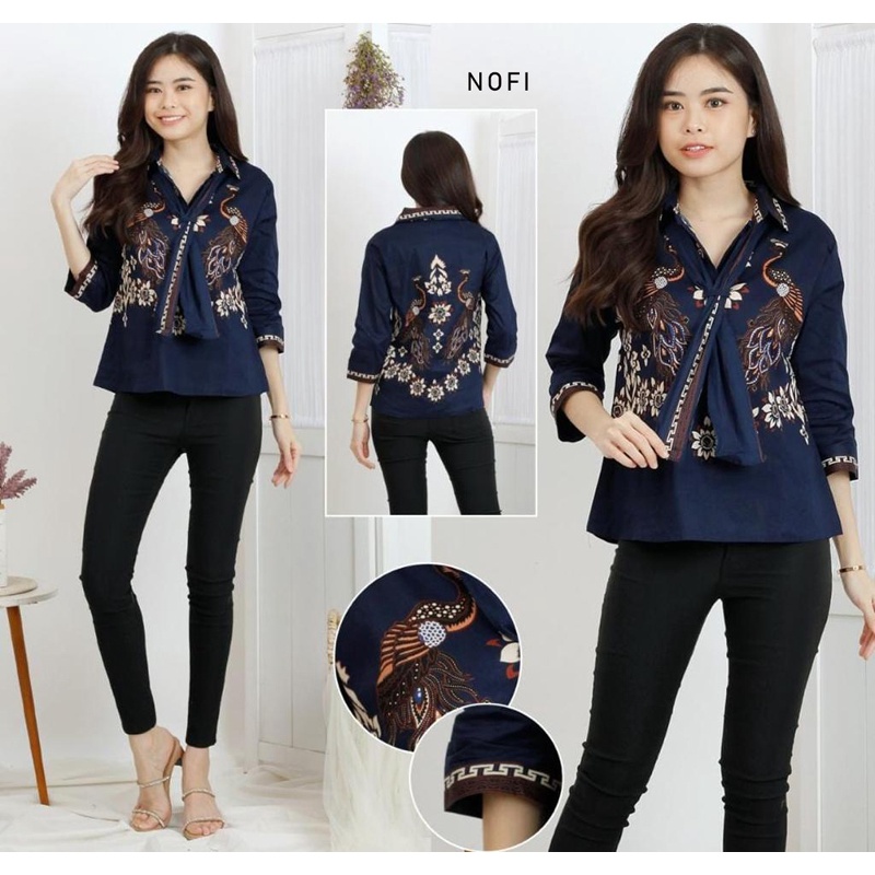 Evercloth Nofi Blouse Wanita Atasan Wanita Batik Couple Top Couple Batik Kemeja Dasi