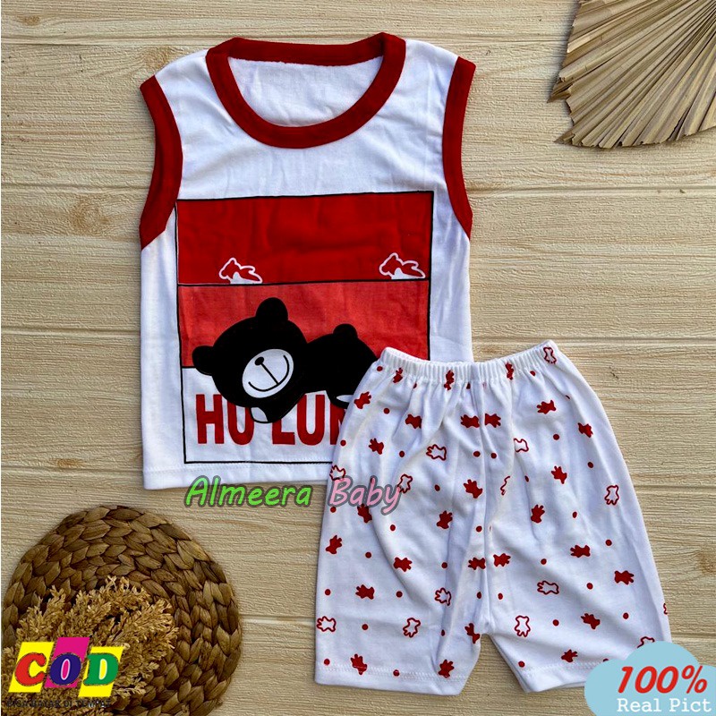 Setelan Baju Bayi Setelan Baju Kutung Singlet Bayi Motif Sleep Bear Usia 3-12 Bulan Almeera Baby and Kids