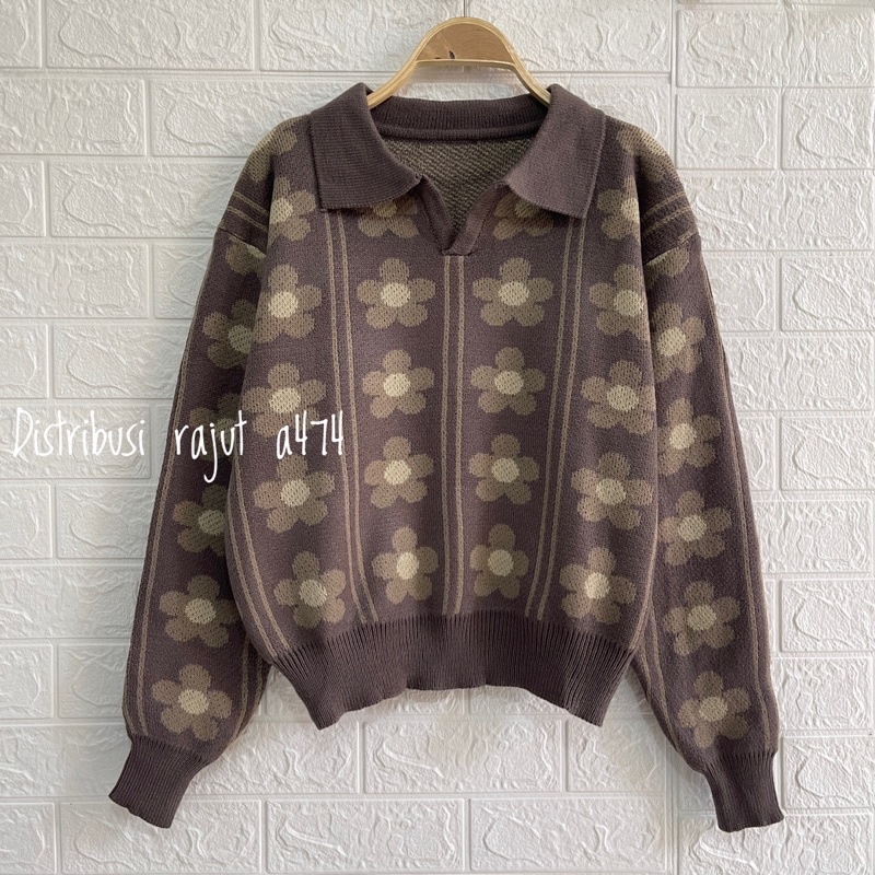 SWEATER RAJUT POLO KERAH AGNES MOTIF BUNGA WANITA