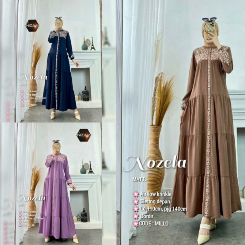 NOZELA DRESS GAMIS PREMIUM GAMIS DRESS BAHAN AIRFLOW CRINKLE BORDIR ORI