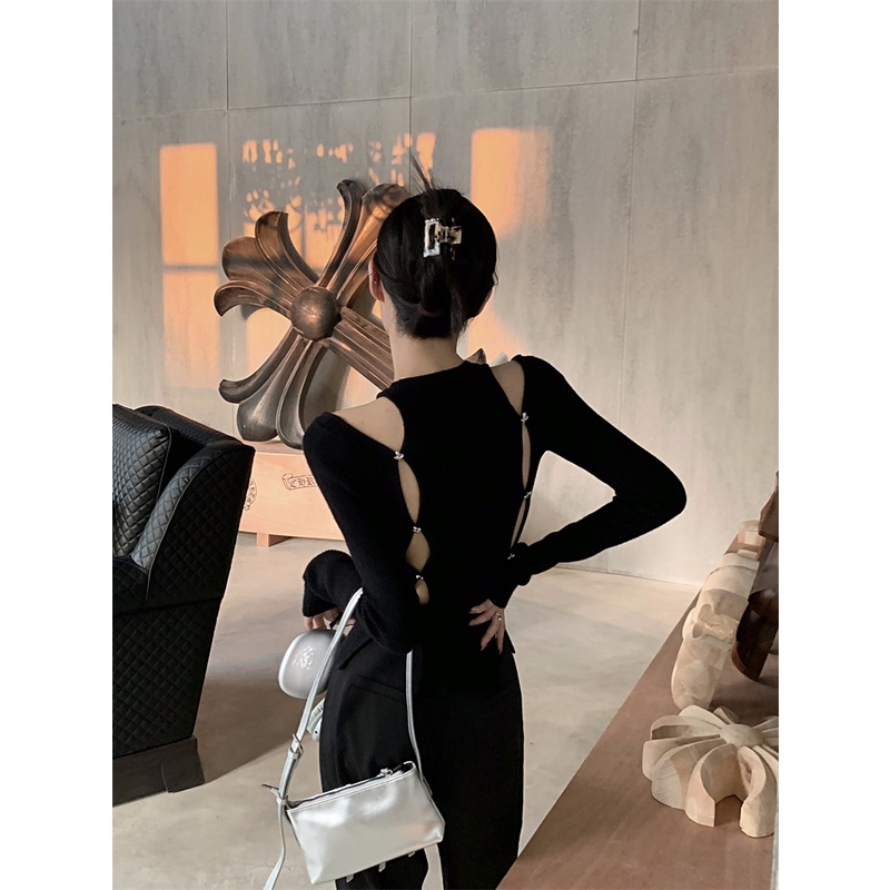 ►◕Suhao hot girl lengan panjang rajutan kemeja wanita musim gugur berongga hitam unik dan rasa desain unik niche slim top