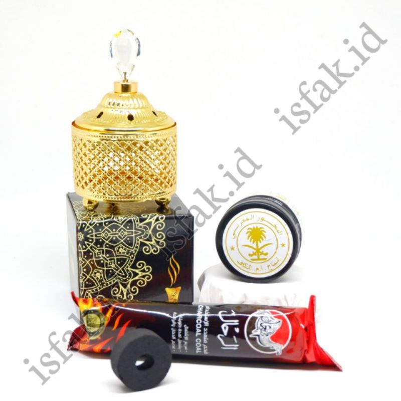 Paket 1 Set Mabkhara Bukhur Arang Magic Bukhour Wesal Bakhoor Oud Nabawi Dupa Wangi Magribi Menyan Tempat Dupa 7x13cm