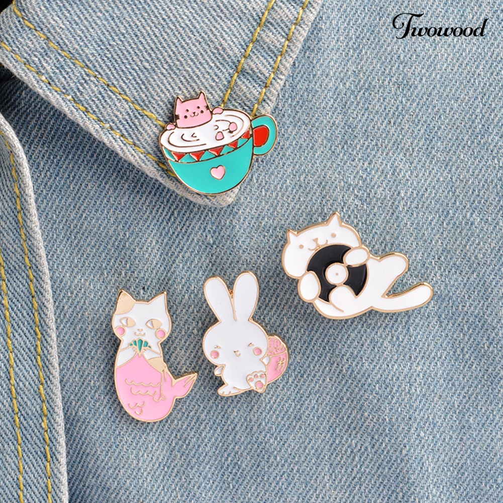 Twowood Lucu Kelinci Kucing Logam Enamel Bros Pin Lencana Jeans Pakaian Tas Dekorasi