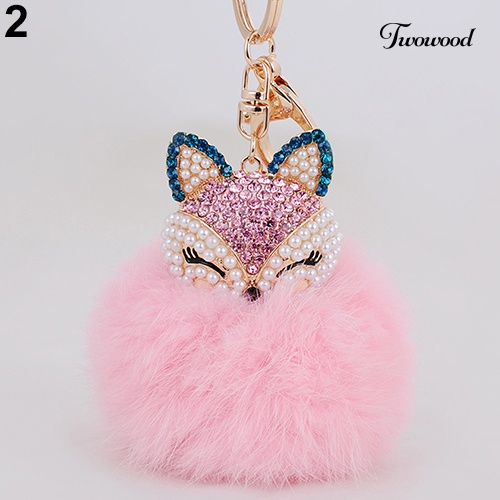 Twowood Hadiah Lucu Bling Berlian Imitasi Rubah Kelinci Fluffy Ball Gantungan Kunci Mobil Key Ring Pendant