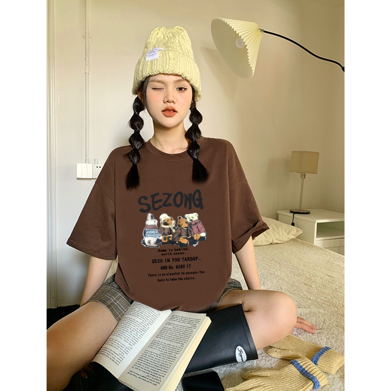 kaos korea wanita oversize lengan pendek lettering cartoon graphic print T-shirt vintage kaos perempuan