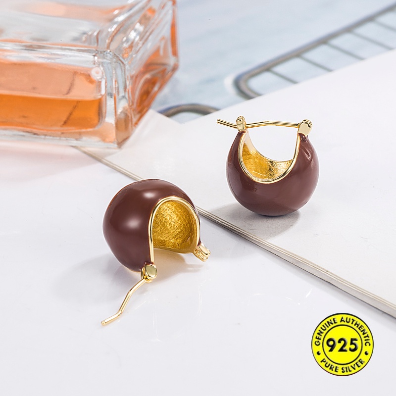 Anting Bola Seri Warna Kopi Karamel Temperamen Retro Wanita Musim Gugur/Dingin Anting U1450