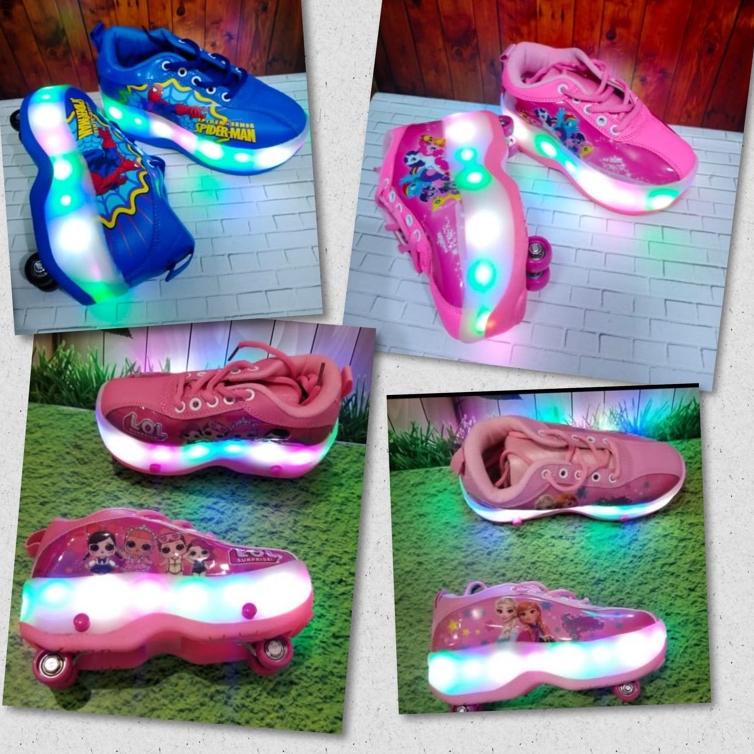 Terbaru.. ORIGINAL TERMURAH Sepatu Roda Lipat Spiderman Frozen LOL Little Pony Lampu 4Roda / Roda 4 