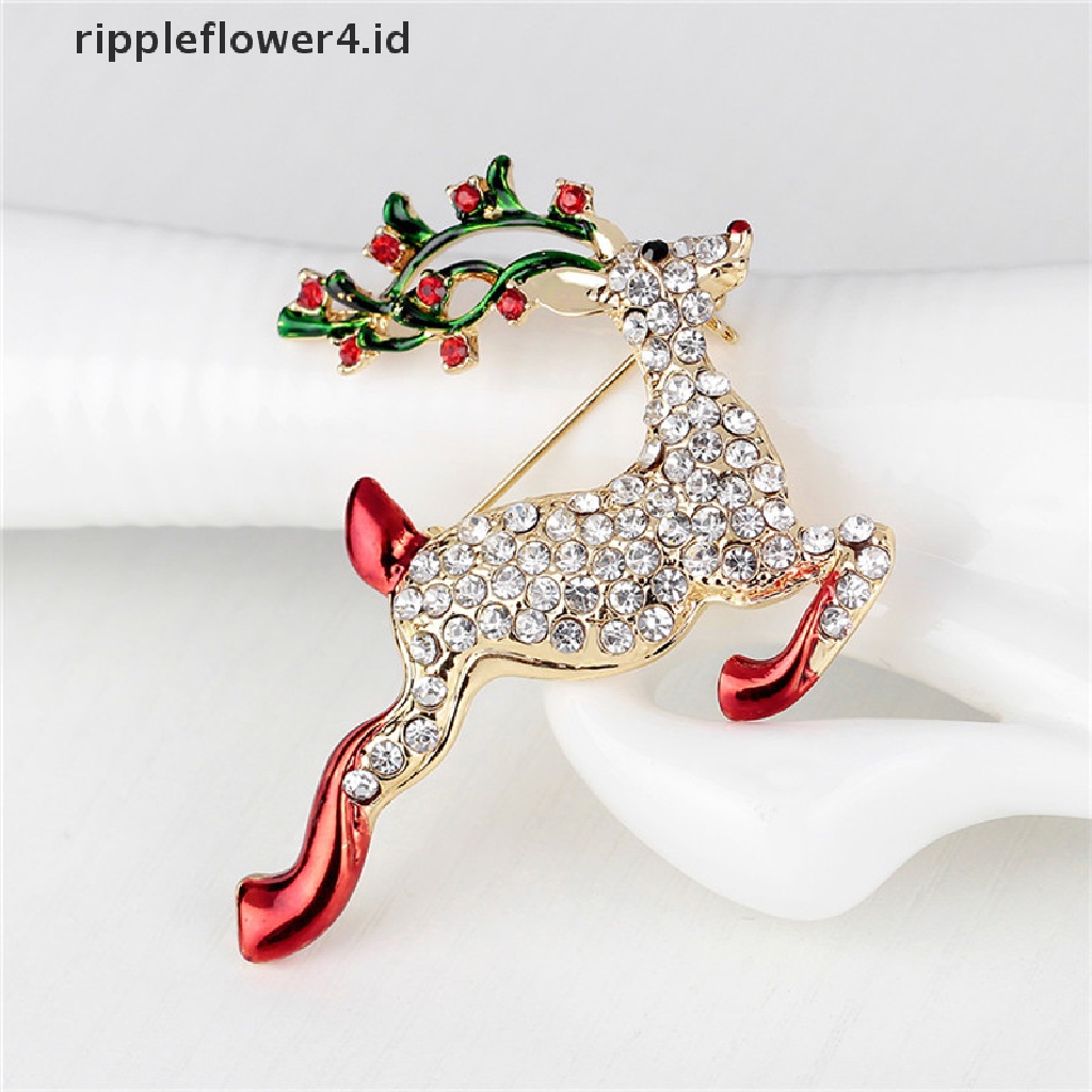 {rippleflower4.id} 1x Berlian Imitasi Baru Kristal Natal Rusa Bros Pin Bros Xmas Hadiah Nada Emas~