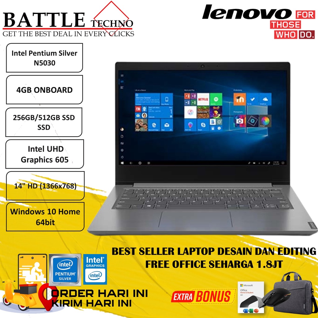 LAPTOP MURAH LENOVO V14 INTEL PENTIUM SILVER N5030 4GB 512GB 14 WIN10HOME + OHS TERLARIS