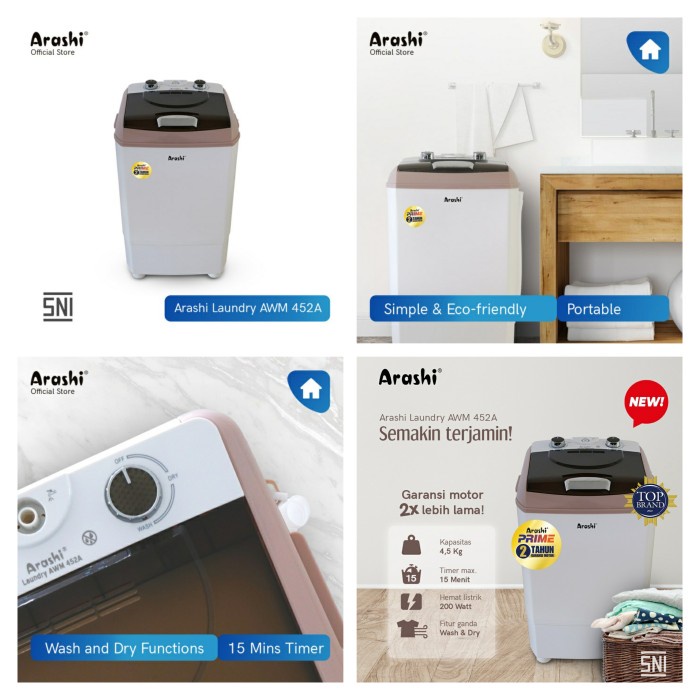 Mesin Cuci Portable Arashi Prime AWM 452 A 452A 4,5kg Laundry Mini Gosend