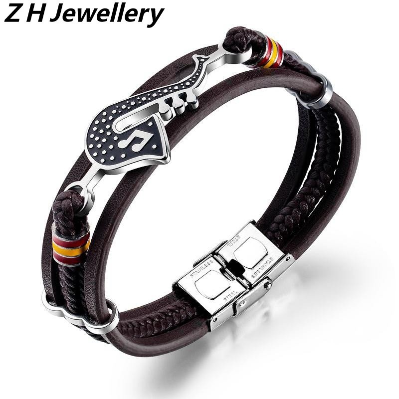 [Z H Perhiasan] Hip Hop Rock Retro Pria Fashion Stainless Steel Simbol Musik Gelang Kulit Pesta Perhiasan Aksesoris