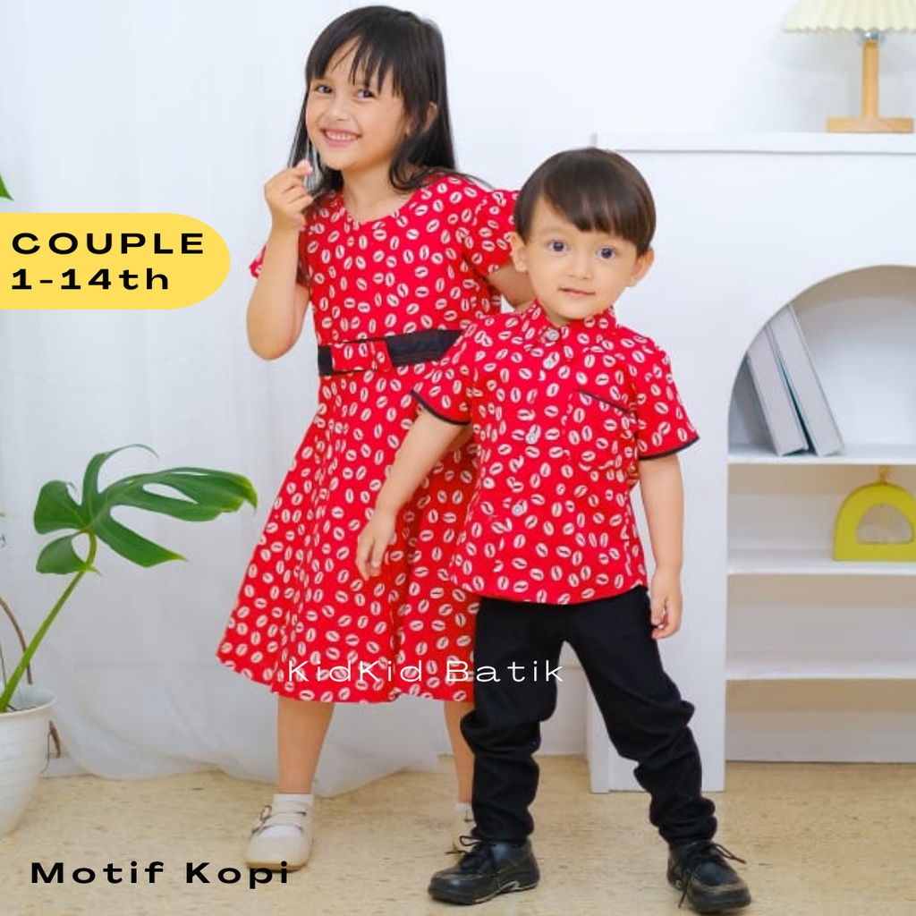 Batik Anak Couple Kakak Adik Cowok Cewek Laki Perempuan Baju Kemeja Dress Sarimbit Tunik merah Kombi