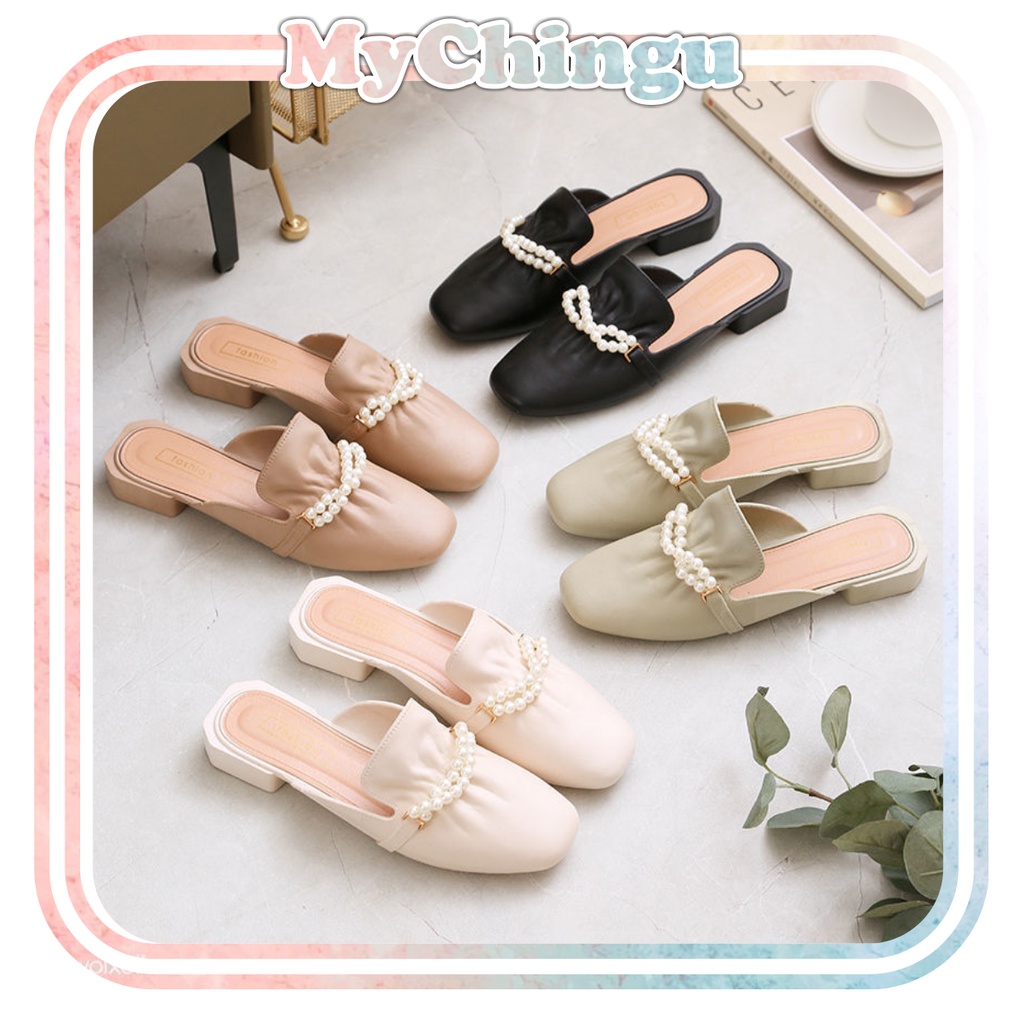 ❀ Chingu ❀ SA029 Sandal Wanita Mutiara Trend Flat Fashion Kasual Simple Sendal Wanita Import