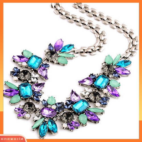 [WONE] Women's Rhinestone Flower Cluster Bib Pendant Choker Rantai Pesona Liontin Kalung