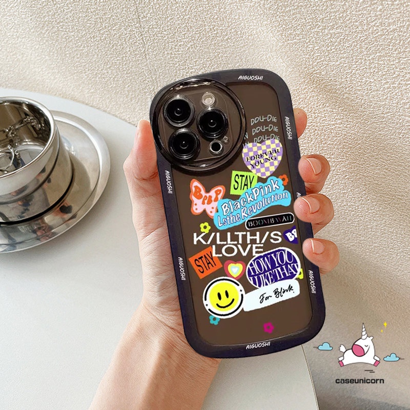 Shockproof Airbag Phone Case Compatible For iPhone 11 14 12 13 Pro Max XR 6 6s 7 8 Plus XS MAX X SE 2020 Trend Fashion Casetify BlackPink Sticker Label Smile Soft Back Cover