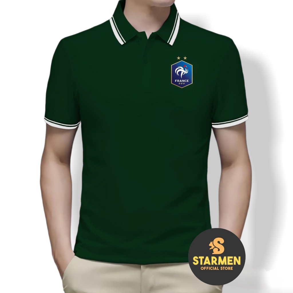 Kaos Polo Shirt Pria Kerah List Putih logo FRANCE